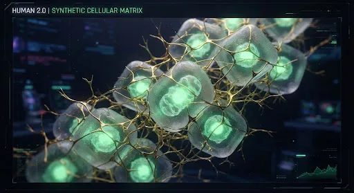 Cinematic macro visualisation of a synthetic organism’s cellular structure, membranes shot through with luminous filaments.