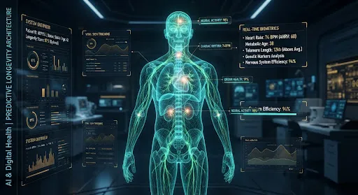 Technical three-dimensional digital twin of a human body rendered in translucent cyan, with organ systems highlighted as data overlays.