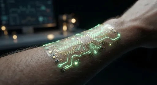 Macro photograph of a bio-sensor mesh integrated into human skin, its circuitry tracing just below the surface.