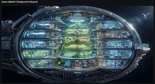 Hyper-realistic architectural cross-section of a space-habitat biosphere, showing tiered agricultural decks beneath a transparent dome.