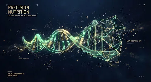 Scientific visualisation of a floating DNA helix dissolving into discrete molecular compounds.