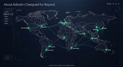Stylised technical world map in a dark digital aesthetic, continents drawn as glowing contour lines with facility markers across five continents.