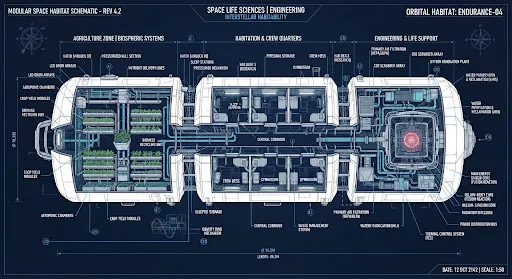 Detailed technical blueprint of a modular space habitat, annotated with structural dimensions and docking interfaces.