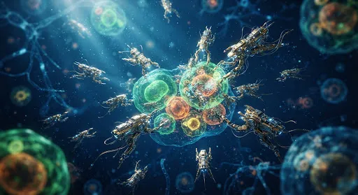 Microscopic view of gold and silver nanobots interacting with glowing biological tissue.